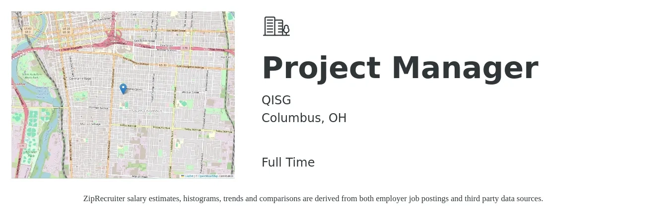 QISG job posting for a Project Manager in Columbus, OH with a salary of $75,800 to $118,800 Yearly with a map of Columbus location.