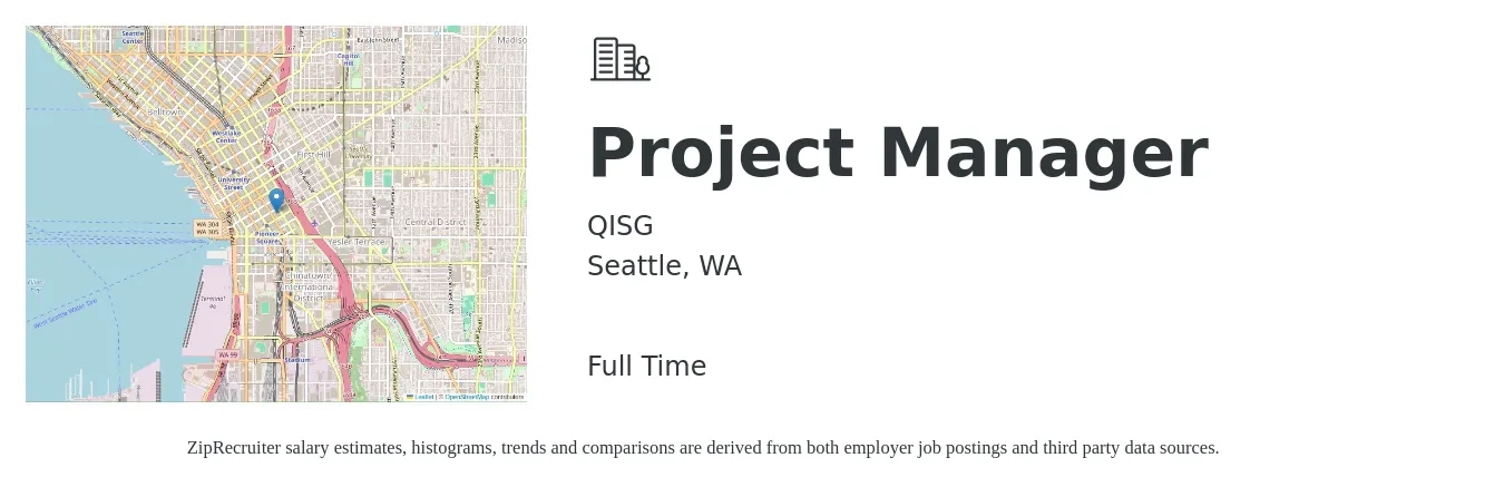QISG job posting for a Project Manager in Seattle, WA with a salary of $89,300 to $140,000 Yearly with a map of Seattle location.
