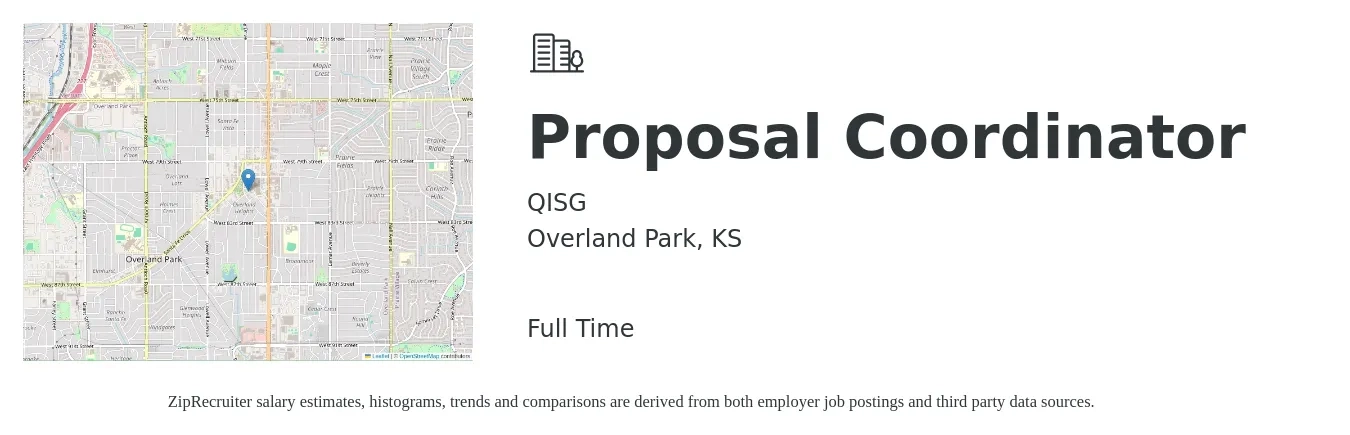 QISG job posting for a Proposal Coordinator in Overland Park, KS with a salary of $54,300 to $72,100 Yearly with a map of Overland Park location.