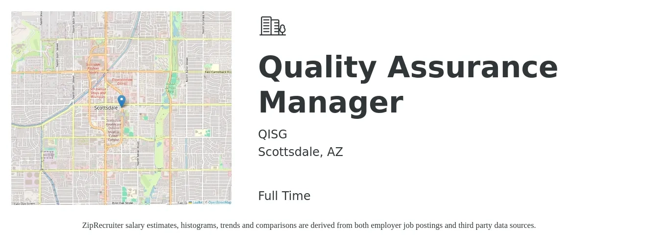 QISG job posting for a Quality Assurance Manager in Scottsdale, AZ with a salary of $83,600 to $145,600 Yearly with a map of Scottsdale location.