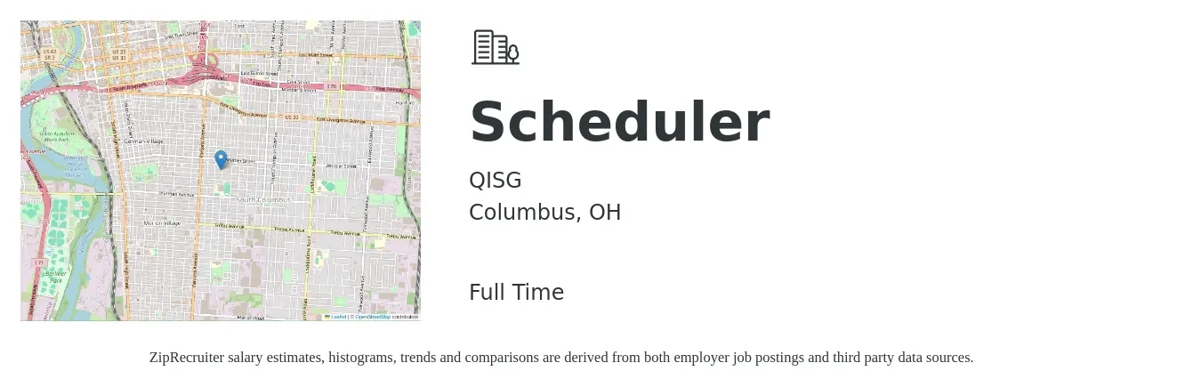 QISG job posting for a Scheduler in Columbus, OH with a salary of $18 to $28 Hourly with a map of Columbus location.