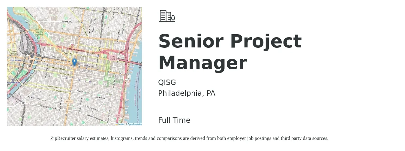 QISG job posting for a Senior Project Manager in Philadelphia, PA with a salary of $104,400 to $147,300 Yearly with a map of Philadelphia location.