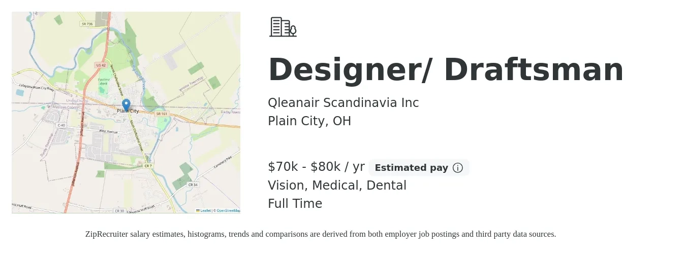 Qleanair Scandinavia Inc job posting for a Designer/ Draftsman in Plain City, OH with a salary of $70,000 to $80,000 Yearly and benefits including pto, retirement, vision, dental, life_insurance, and medical with a map of Plain City location.