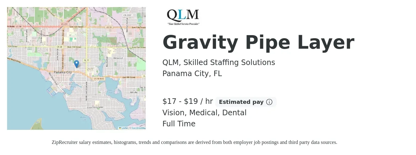QLM, Skilled Staffing Solutions job posting for a Gravity Pipe Layer in Panama City, FL with a salary of $18 to $20 Hourly and benefits including dental, medical, retirement, and vision with a map of Panama City location.