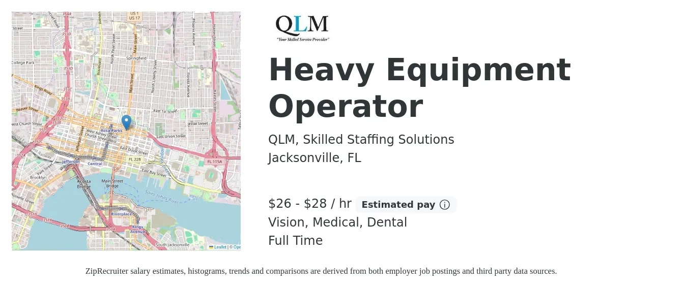 QLM, Skilled Staffing Solutions job posting for a Heavy Equipment Operator in Jacksonville, FL with a salary of $28 to $30 Hourly and benefits including medical, retirement, vision, and dental with a map of Jacksonville location.