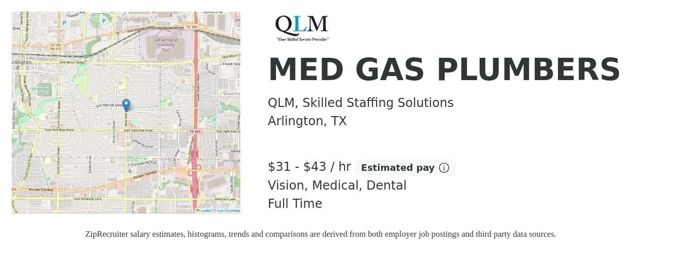 QLM, Skilled Staffing Solutions job posting for a MED GAS PLUMBERS in Arlington, TX with a salary of $33 to $45 Hourly and benefits including medical, retirement, vision, and dental with a map of Arlington location.