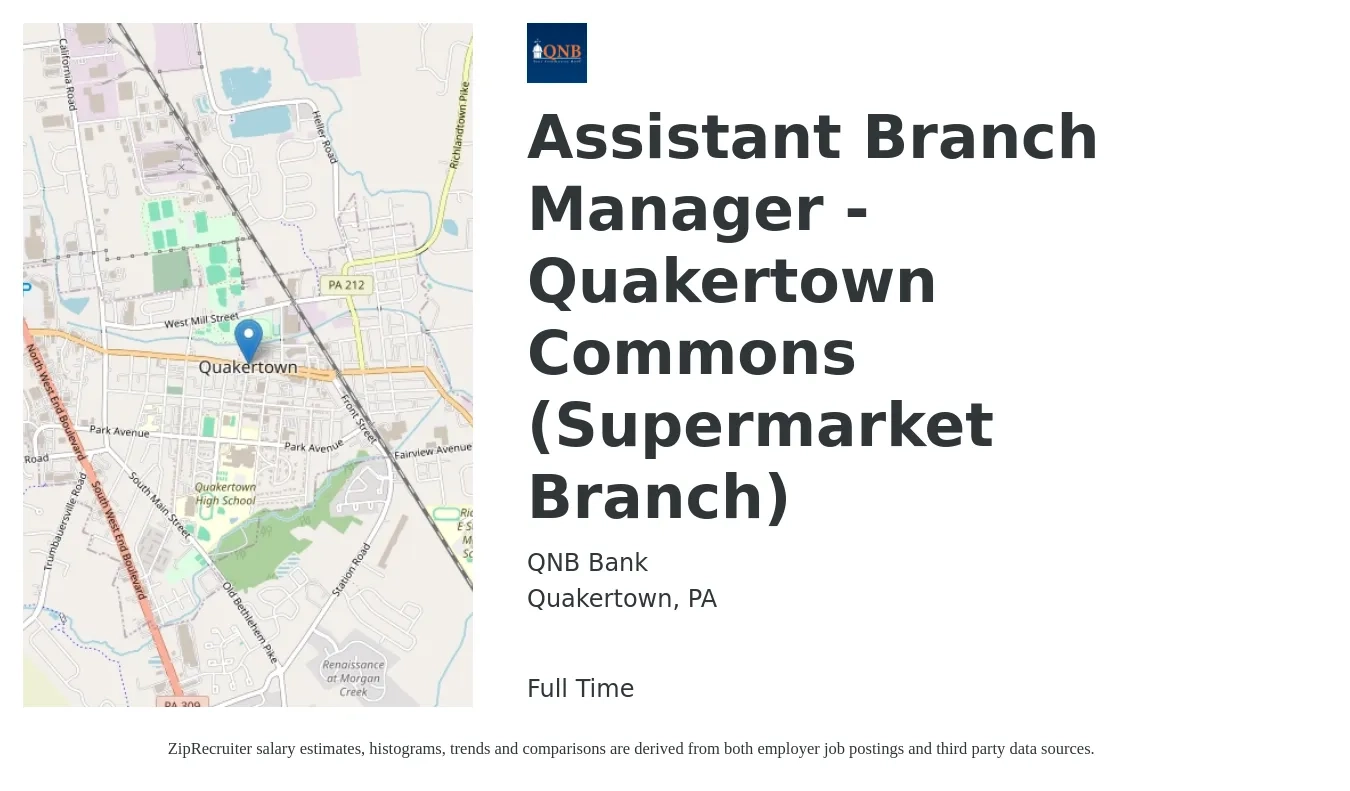QNB Bank job posting for a Assistant Branch Manager - Quakertown Commons (Supermarket Branch) in Quakertown, PA with a salary of $43,900 to $60,700 Yearly with a map of Quakertown location.