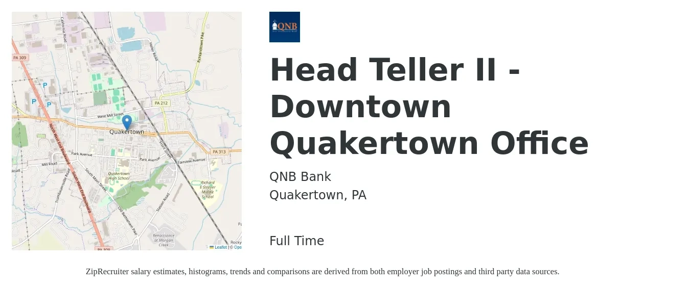 QNB Bank job posting for a Head Teller II - Downtown Quakertown Office in Quakertown, PA with a salary of $16 to $19 Hourly with a map of Quakertown location.