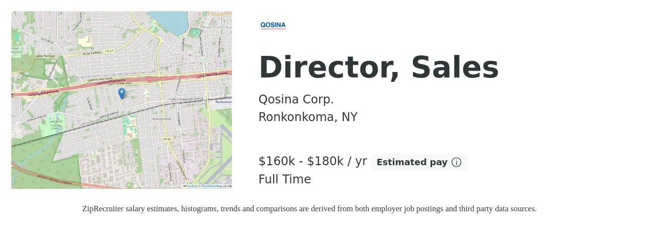 Qosina Corp. job posting for a Director, Sales in Ronkonkoma, NY with a salary of $160,000 to $180,000 Yearly with a map of Ronkonkoma location.