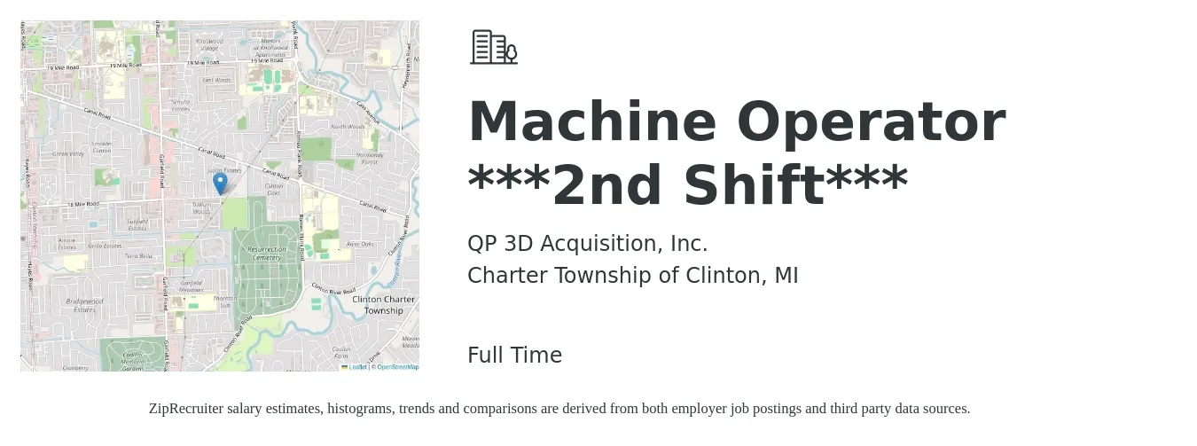 QP 3D Acquisition, Inc. job posting for a Machine Operator ***2nd Shift*** in Charter Township of Clinton, MI with a salary of $16 to $19 Hourly with a map of Charter Township of Clinton location.