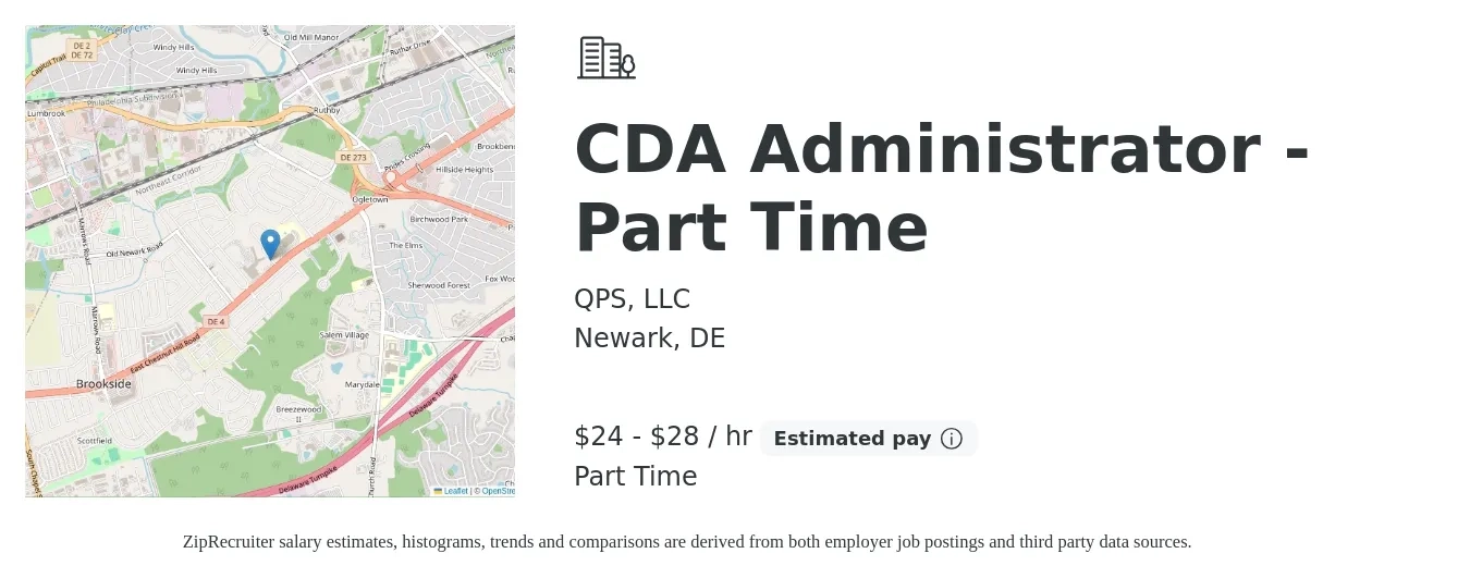 QPS, LLC job posting for a CDA Administrator - Part Time in Newark, DE with a salary of $25 to $30 Hourly with a map of Newark location.