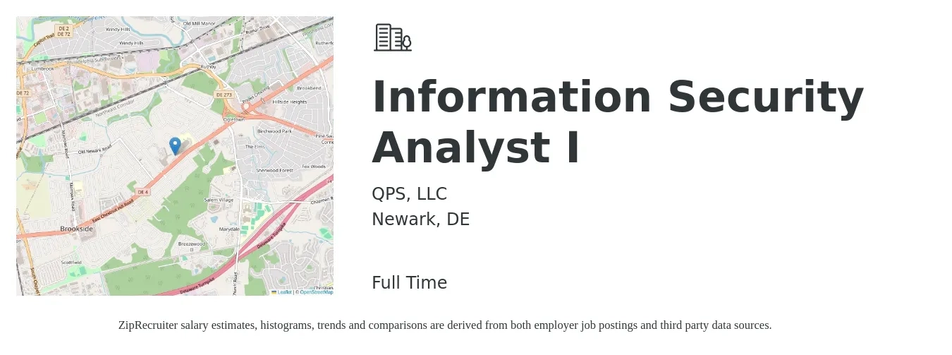QPS, LLC job posting for a Information Security Analyst I in Newark, DE with a salary of $72,100 to $112,300 Yearly with a map of Newark location.