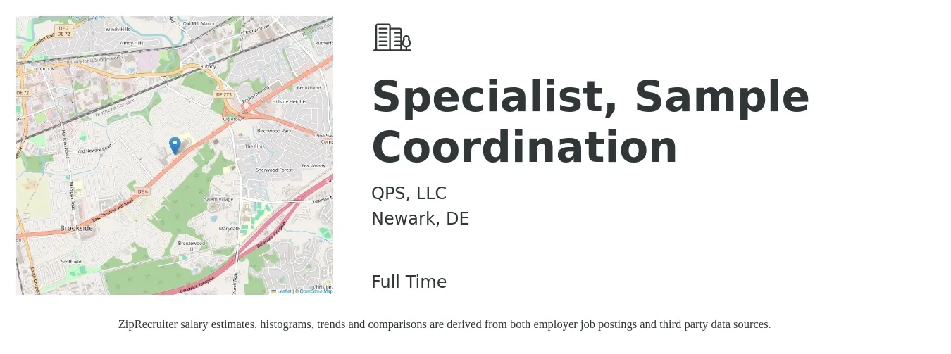 QPS, LLC job posting for a Specialist, Sample Coordination in Newark, DE with a salary of $18 to $24 Hourly with a map of Newark location.