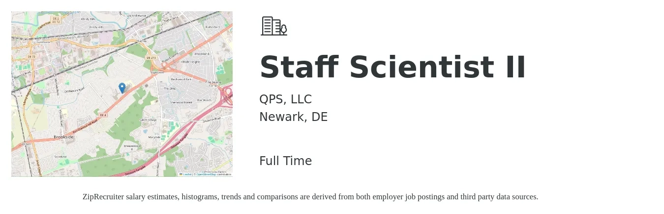 QPS, LLC job posting for a Staff Scientist II in Newark, DE with a salary of $58,400 to $109,400 Yearly with a map of Newark location.
