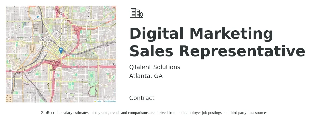 QTalent Solutions job posting for a Digital Marketing Sales Representative in Atlanta, GA with a salary of $39,500 to $52,900 Yearly with a map of Atlanta location.
