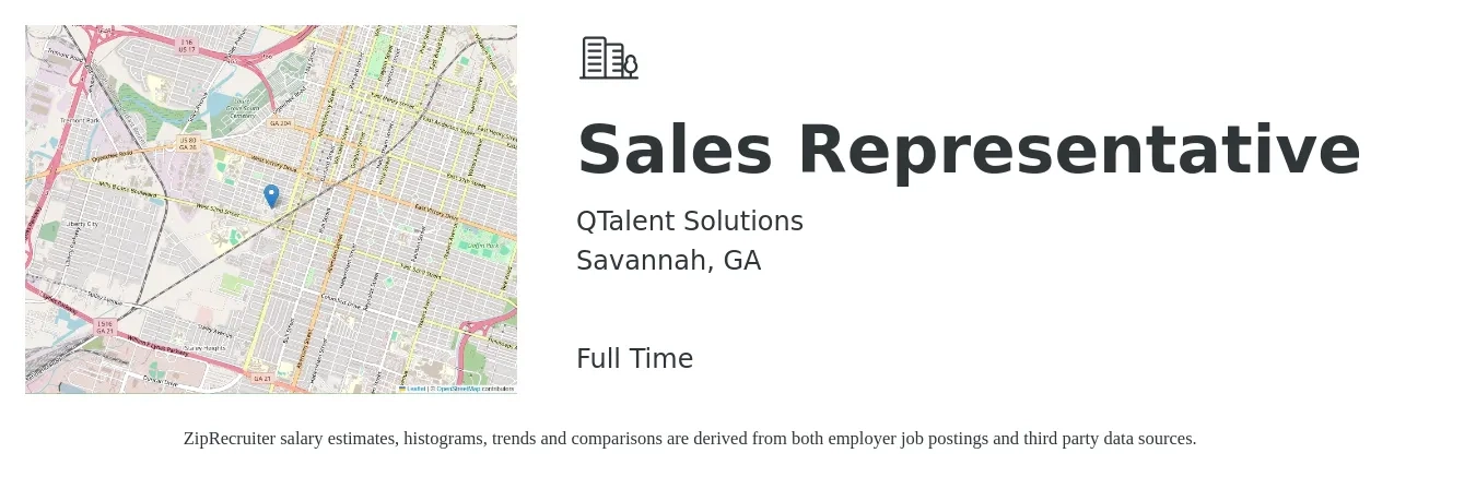 QTalent Solutions job posting for a Sales Representative in Savannah, GA with a salary of $49,900 to $86,700 Yearly with a map of Savannah location.