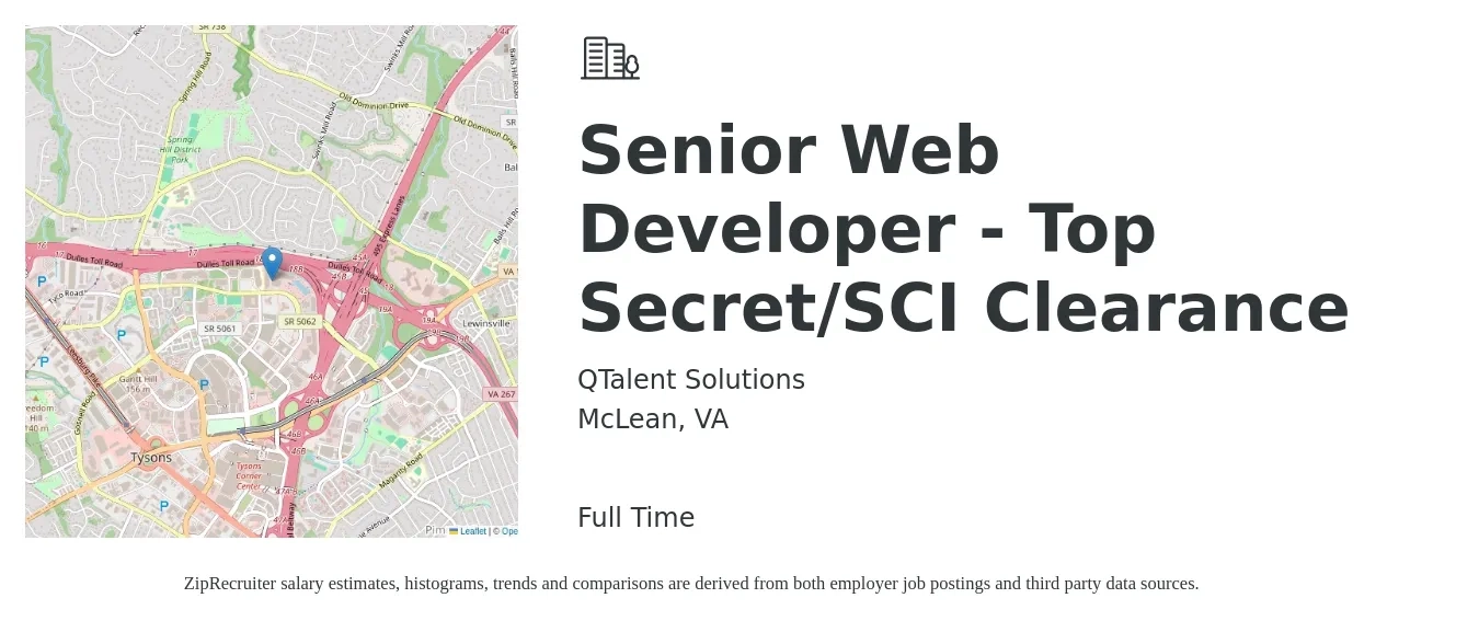 QTalent Solutions job posting for a Senior Web Developer - Top Secret/SCI Clearance in McLean, VA with a salary of $92,200 to $133,300 Yearly with a map of McLean location.