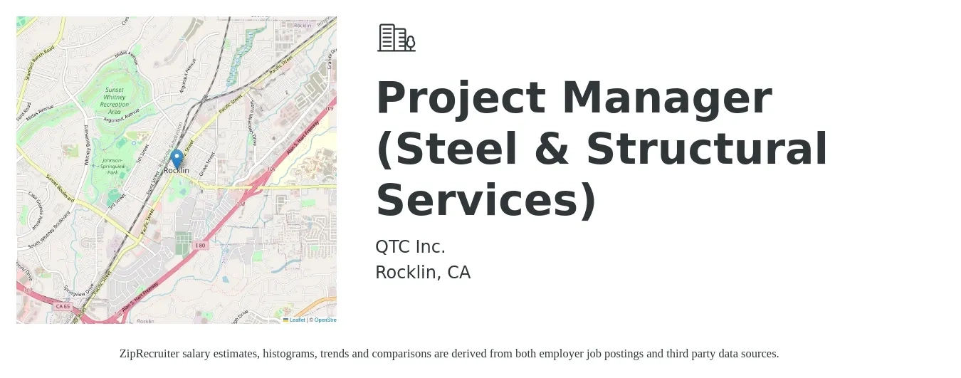 QTC Inc. job posting for a Project Manager (Steel & Structural Services) in Rocklin, CA with a salary of $95,000 to $125,000 Yearly with a map of Rocklin location.