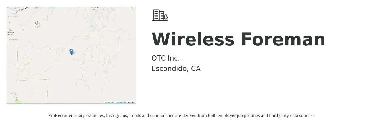 QTC Inc. job posting for a Wireless Foreman in Escondido, CA with a salary of $30 to $40 Hourly with a map of Escondido location.