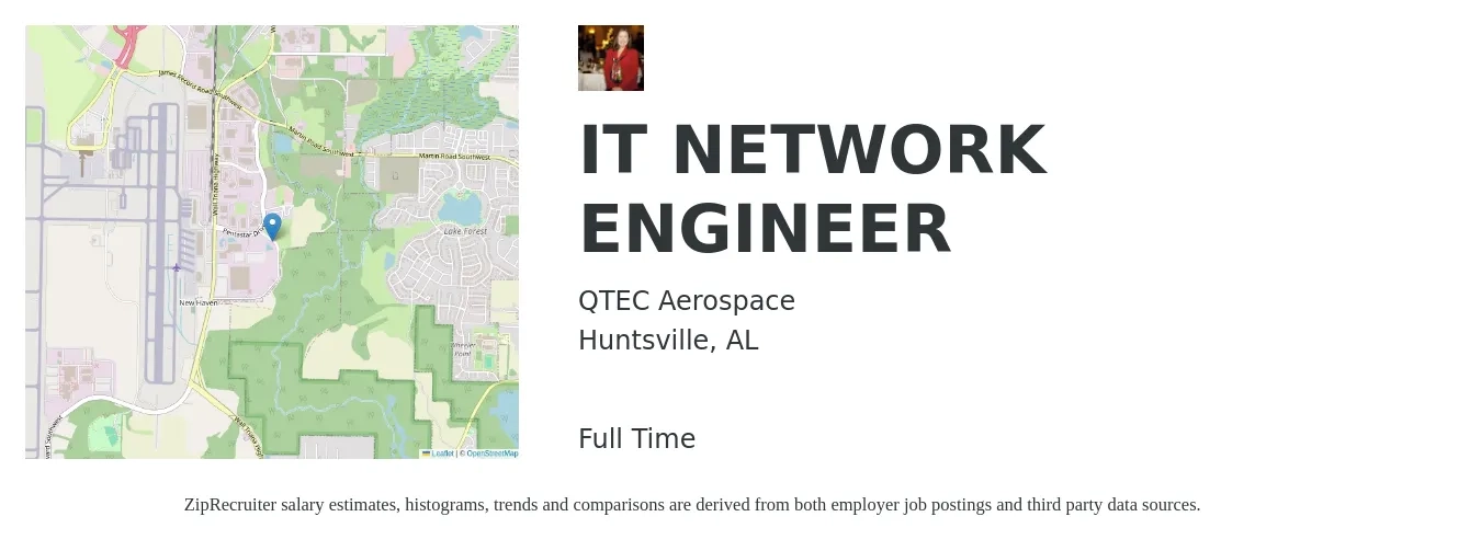 QTEC Aerospace job posting for a IT NETWORK ENGINEER in Huntsville, AL with a salary of $74,400 to $106,600 Yearly with a map of Huntsville location.