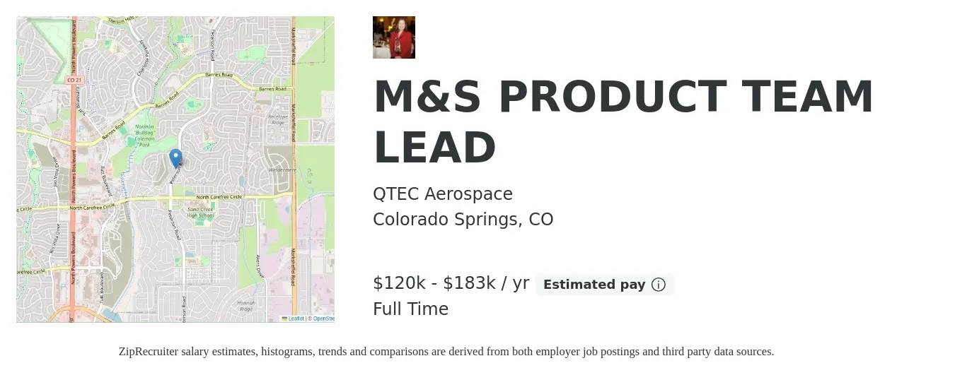QTEC Aerospace job posting for a M&S PRODUCT TEAM LEAD in Colorado Springs, CO with a salary of $150,000 to $224,000 Yearly with a map of Colorado Springs location.