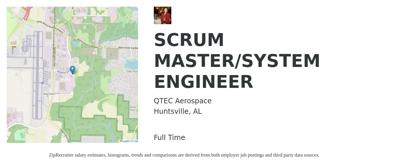 QTEC Aerospace job posting for a SCRUM MASTER/SYSTEM ENGINEER in Huntsville, AL with a salary of $52 to $69 Hourly with a map of Huntsville location.