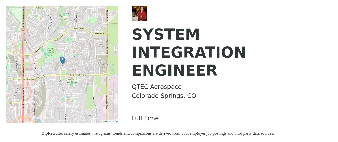 QTEC Aerospace job posting for a SYSTEM INTEGRATION ENGINEER in Colorado Springs, CO with a salary of $164,900 Yearly with a map of Colorado Springs location.