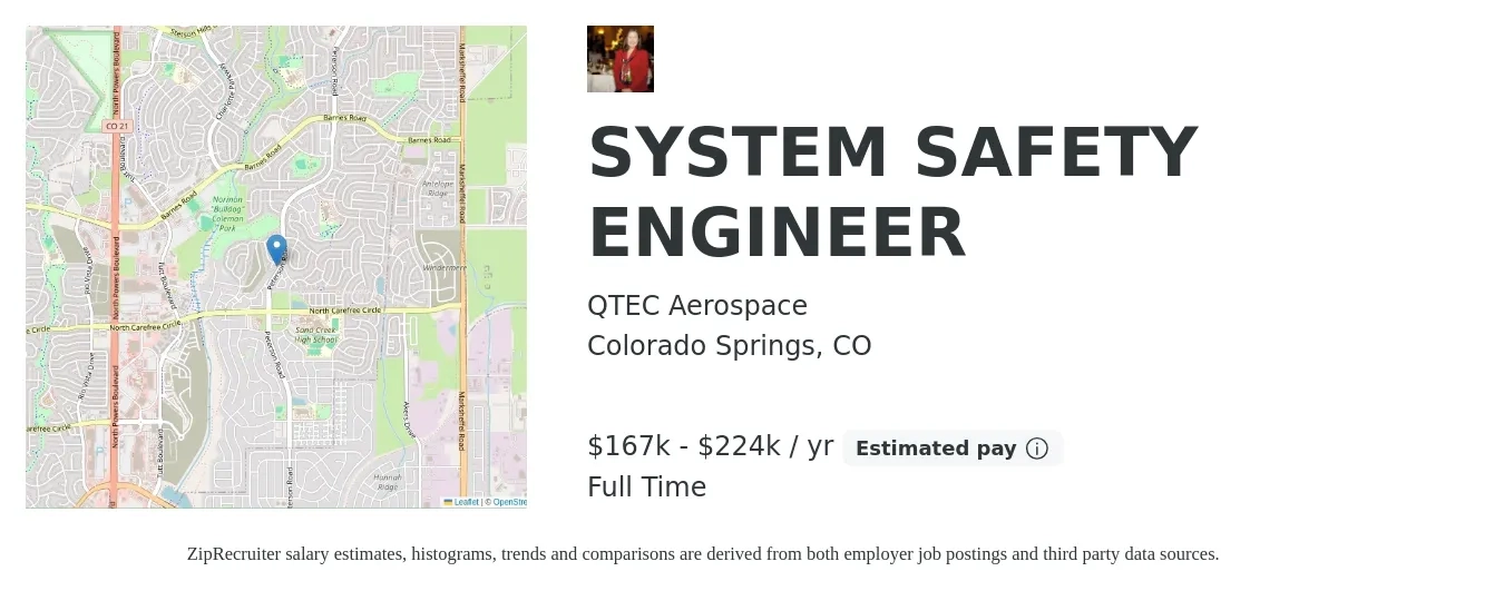QTEC Aerospace job posting for a SYSTEM SAFETY ENGINEER in Colorado Springs, CO with a salary of $167,000 to $224,000 Yearly with a map of Colorado Springs location.