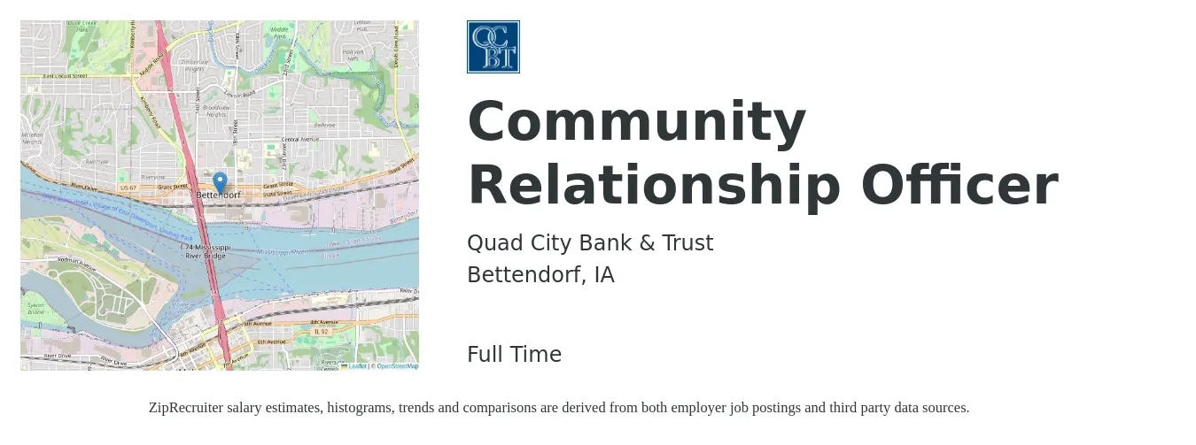 Quad City Bank & Trust job posting for a Community Relationship Officer in Bettendorf, IA with a salary of $61,000 to $90,100 Yearly with a map of Bettendorf location.