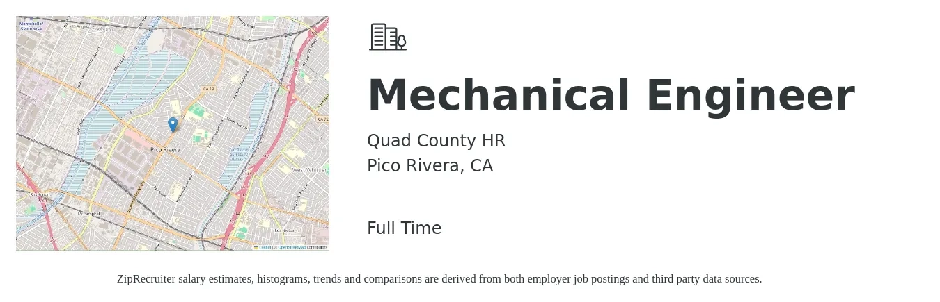 Quad County HR job posting for a Mechanical Engineer in Pico Rivera, CA with a salary of $43 to $50 Hourly with a map of Pico Rivera location.