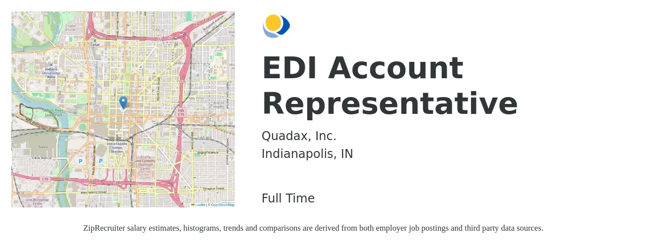 Quadax, Inc. job posting for a EDI Account Representative in Indianapolis, IN with a salary of $49,700 to $83,100 Yearly with a map of Indianapolis location.