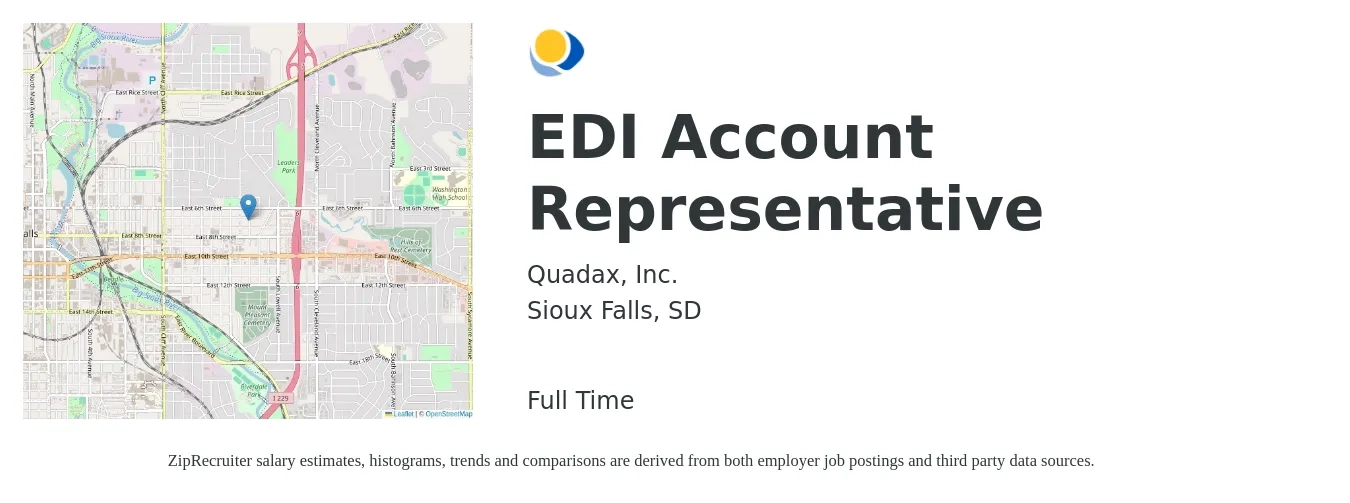 Quadax, Inc. job posting for a EDI Account Representative in Sioux Falls, SD with a salary of $38,500 to $67,900 Yearly with a map of Sioux Falls location.