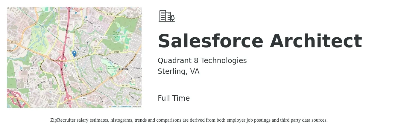 Quadrant 8 Technologies job posting for a Salesforce Architect in Sterling, VA with a salary of $70 to $86 Hourly with a map of Sterling location.