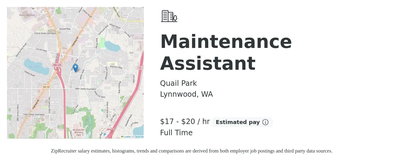 Quail Park job posting for a Maintenance Assistant in Lynnwood, WA with a salary of $18 to $21 Hourly with a map of Lynnwood location.