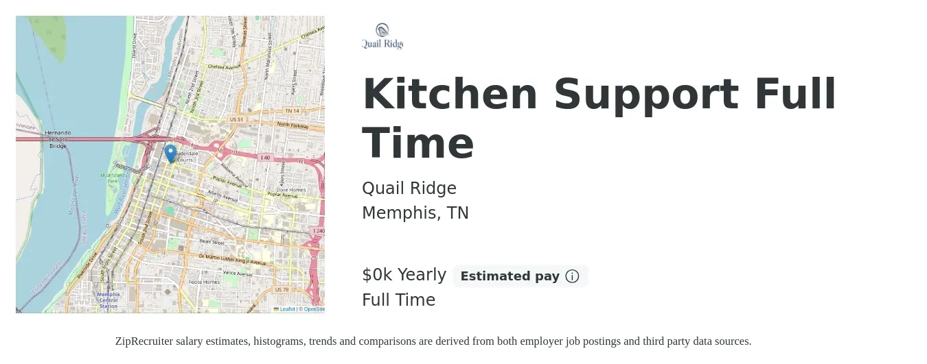 Quail Ridge job posting for a Kitchen Support Full Time in Memphis, TN with a salary of $12 to $14 Yearly with a map of Memphis location.