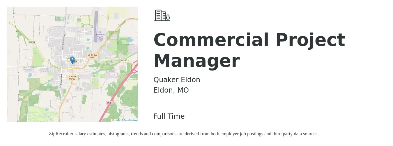 Quaker Eldon job posting for a Commercial Project Manager in Eldon, MO with a salary of $70,400 to $111,800 Yearly with a map of Eldon location.