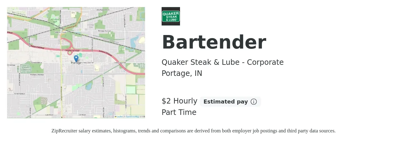 Quaker Steak & Lube - Corporate job posting for a Bartender in Portage, IN with a salary of $9 to $17 Hourly with a map of Portage location.