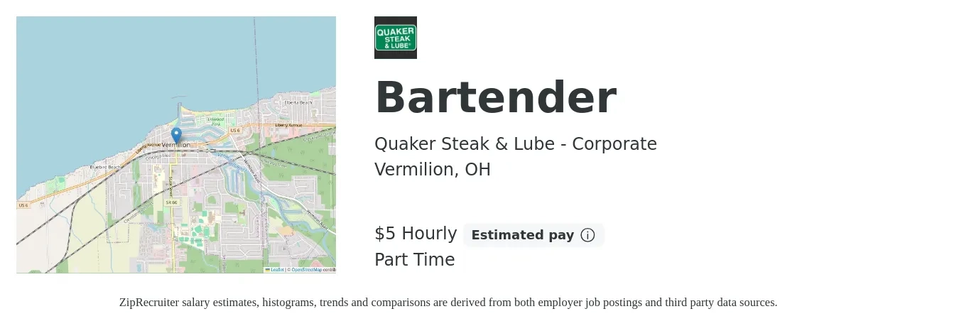 Quaker Steak & Lube - Corporate job posting for a Bartender in Vermilion, OH with a salary of $9 to $17 Hourly with a map of Vermilion location.
