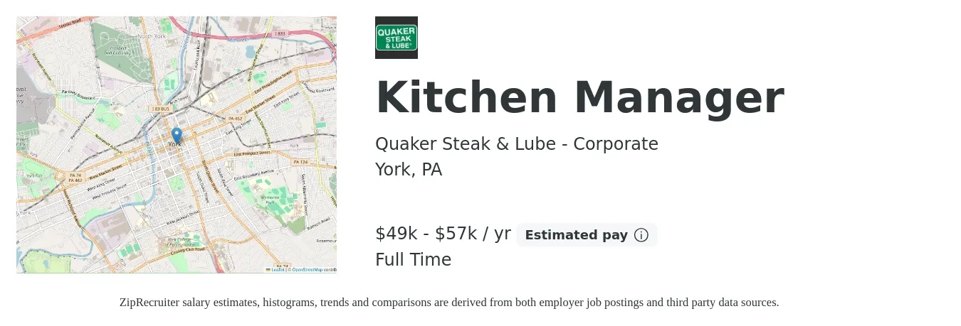 Quaker Steak & Lube - Corporate job posting for a Kitchen Manager in York, PA with a salary of $48,000 to $55,000 Yearly with a map of York location.