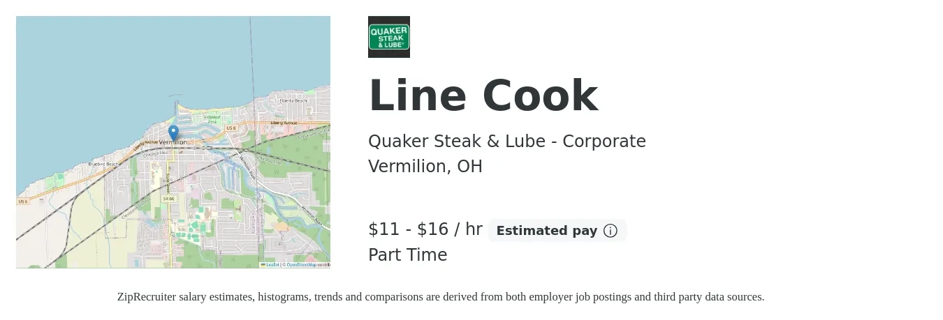 Quaker Steak & Lube - Corporate job posting for a Line Cook in Vermilion, OH with a salary of $12 to $16 Hourly with a map of Vermilion location.