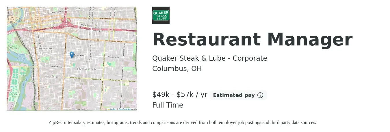 Quaker Steak & Lube - Corporate job posting for a Restaurant Manager in Columbus, OH with a salary of $49,000 to $57,000 Yearly with a map of Columbus location.