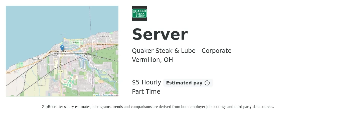 Quaker Steak & Lube - Corporate job posting for a Server in Vermilion, OH with a salary of $5 Hourly with a map of Vermilion location.