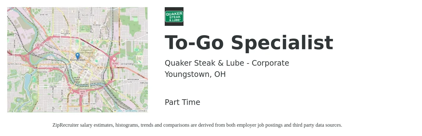 Quaker Steak & Lube - Corporate job posting for a To-Go Specialist in Youngstown, OH with a map of Youngstown location.