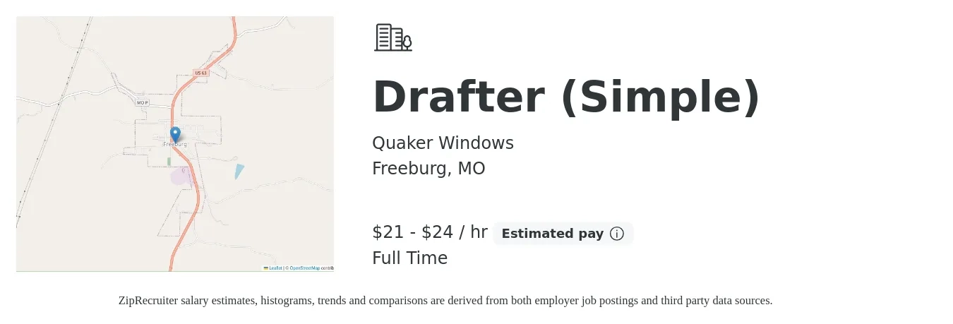 Quaker Windows job posting for a Drafter (Simple) in Freeburg, MO with a salary of $22 to $25 Hourly with a map of Freeburg location.