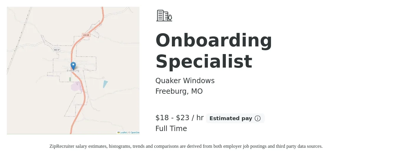 Quaker Windows job posting for a Onboarding Specialist in Freeburg, MO with a salary of $19 to $24 Hourly with a map of Freeburg location.