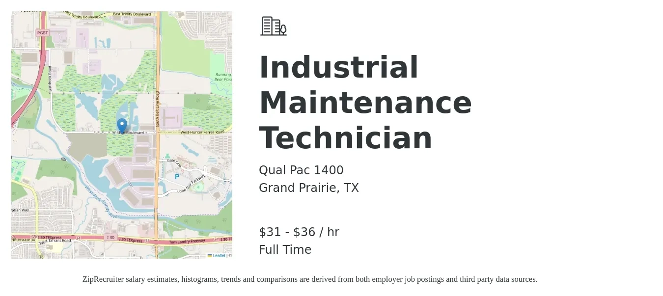 Qual Pac 1400 job posting for a Industrial Maintenance Technician in Grand Prairie, TX with a salary of $33 to $38 Hourly with a map of Grand Prairie location.
