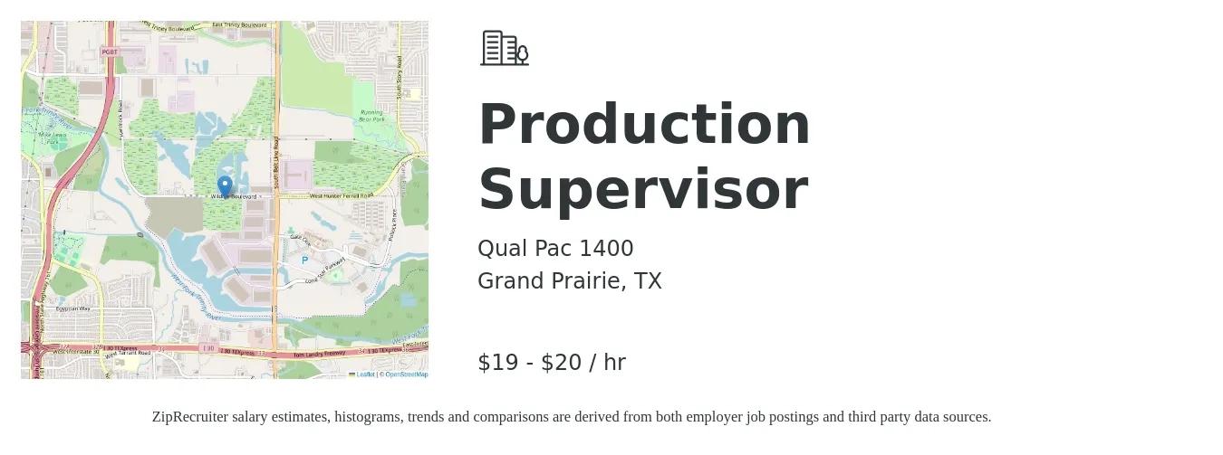 Qual Pac 1400 job posting for a Production Supervisor in Grand Prairie, TX with a salary of $20 to $21 Hourly with a map of Grand Prairie location.