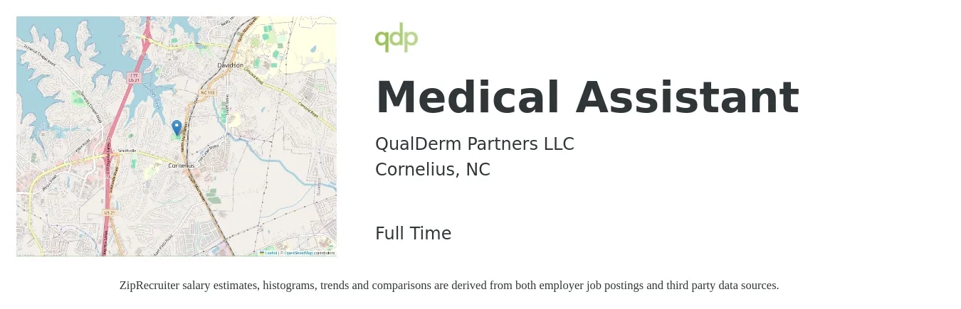 QualDerm Partners, LLC job posting for a Medical Assistant in Cornelius, NC with a salary of $16 to $21 Hourly with a map of Cornelius location.