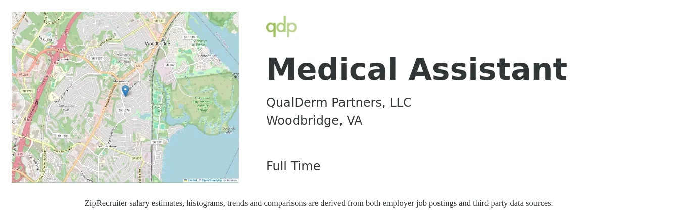 QualDerm Partners, LLC job posting for a Medical Assistant in Woodbridge, VA with a salary of $18 to $22 Hourly with a map of Woodbridge location.
