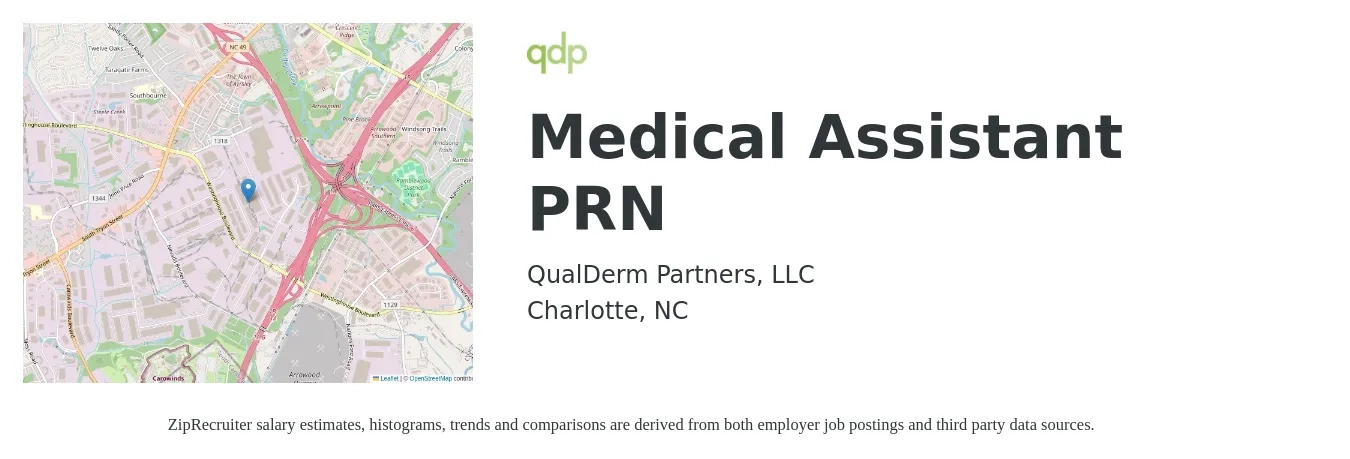 QualDerm Partners, LLC job posting for a Medical Assistant PRN in Charlotte, NC with a salary of $18 to $19 Hourly with a map of Charlotte location.